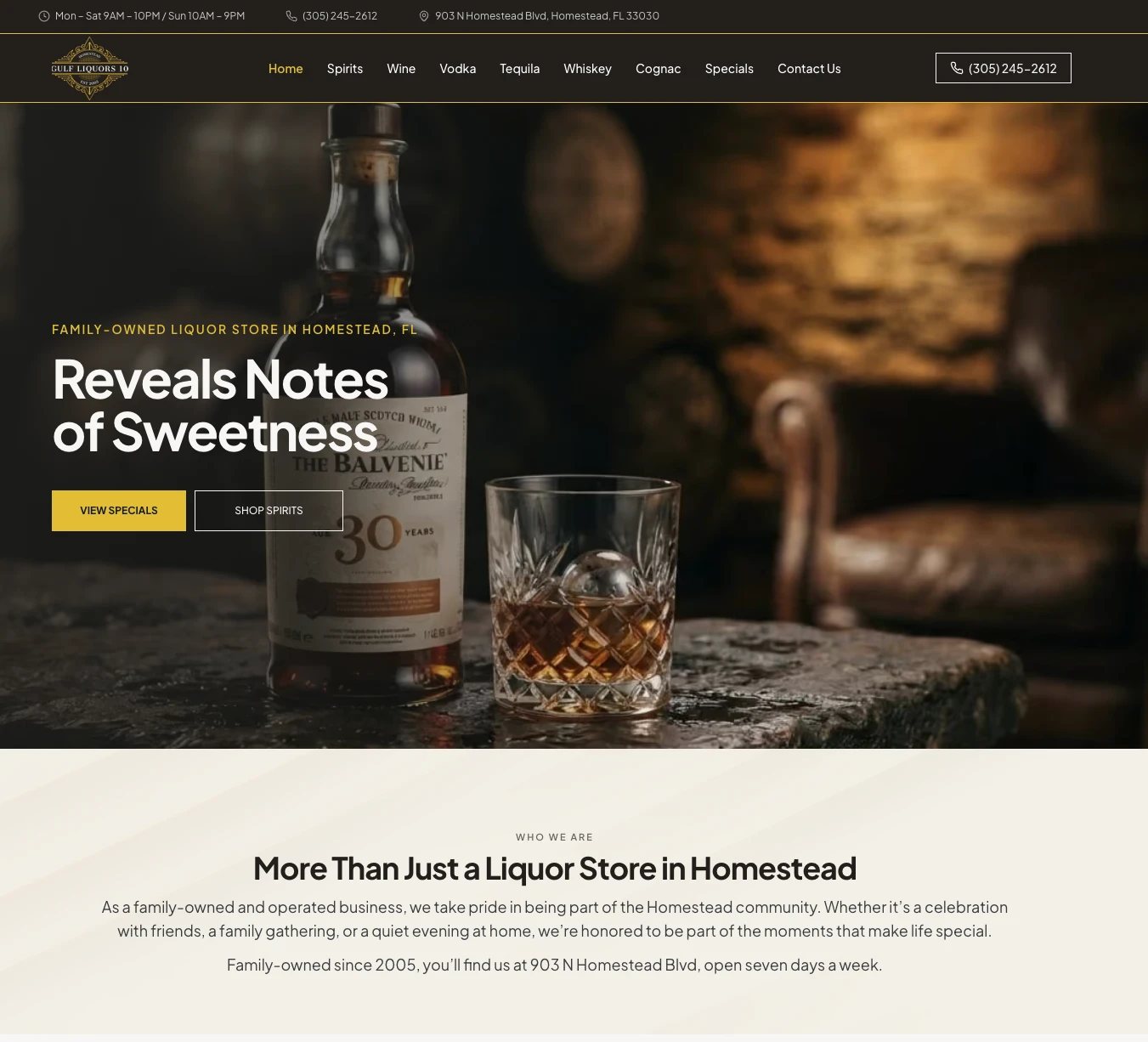 Gulf Liquors 10 website: hero with a bottle of scotch and a whiskey glass, opening hours and a call button