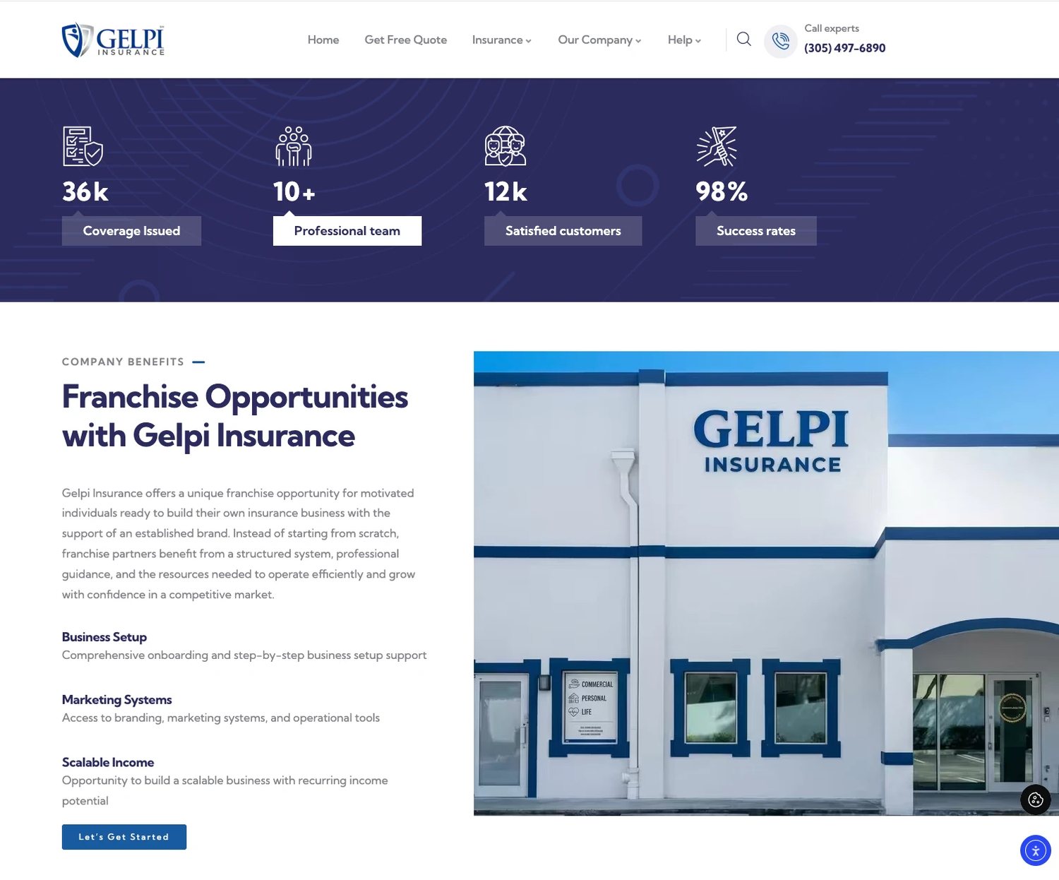 Gelpi Insurance website: key figures on a deep indigo band and a franchise opportunities section