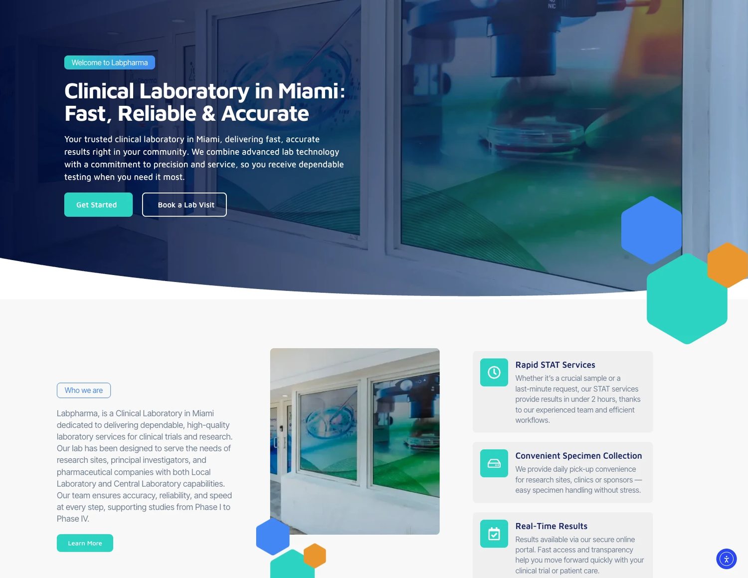 Labpharma website: clinical laboratory hero with a laboratory photo, hexagon accents and service cards