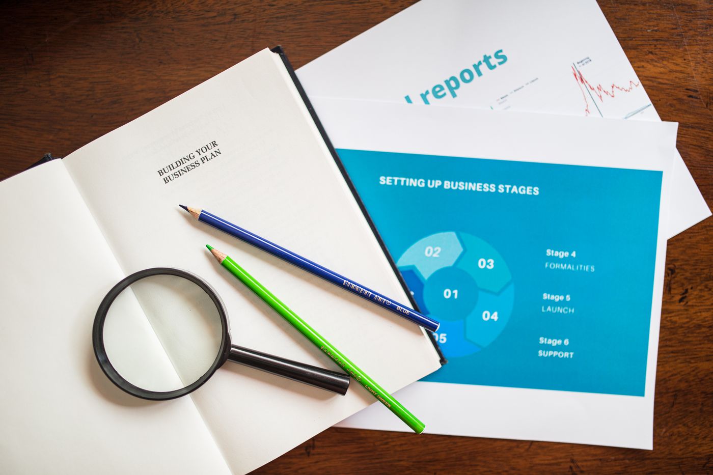 Magnifying glass resting on business planning reports